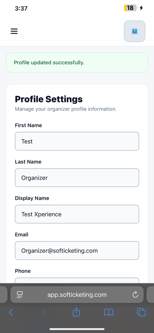 Softickets Pro organiser profile screenshot