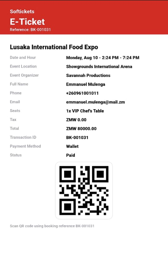 Softickets e-ticket with QR code for Lusaka International Food Expo